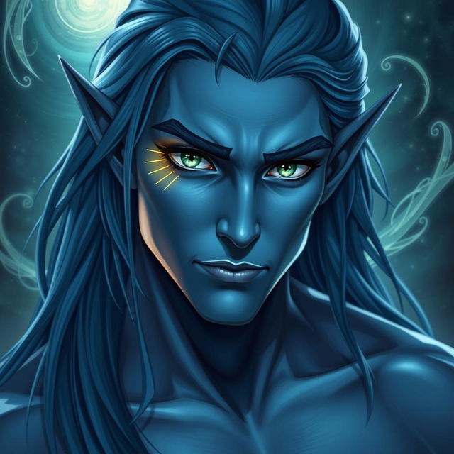 A male moon elf warlock with blue skin, showcasing a fit physique