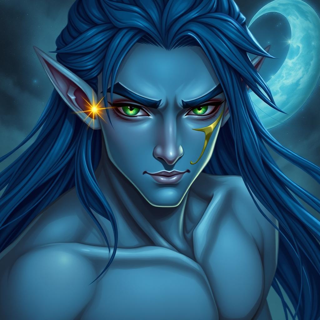 A male moon elf warlock with blue skin, showcasing a fit physique