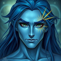 A male moon elf warlock with blue skin, showcasing a fit physique