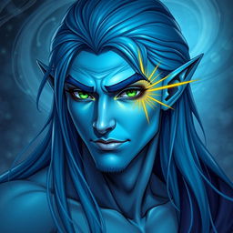 A male moon elf warlock with blue skin, showcasing a fit physique