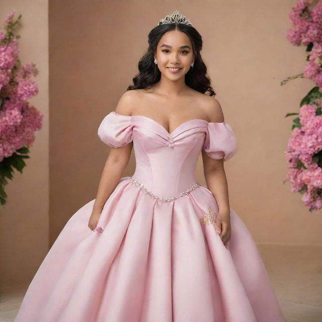 A large-sized, pale Filipina with her hair down, elegantly dressed for prom in a modernized full off-shoulder perfect pink gown with puffy sleeves and a modest neckline, drawing inspiration from both Charlotte's pink dress from Princess and the Frog and Bridgerton's style featuring a corset-like top.