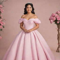 A large-sized, pale Filipina with her hair down, elegantly dressed for prom in a modernized full off-shoulder perfect pink gown with puffy sleeves and a modest neckline, drawing inspiration from both Charlotte's pink dress from Princess and the Frog and Bridgerton's style featuring a corset-like top.