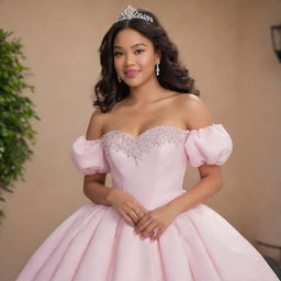 Envision a large-sized, pale Filipina with her hair down, outfitted for prom in a modernized full off-shoulder perfect pink gown with puffy sleeves. The design incorporates elements from Charlotte's pink dress from Princess and the Frog and Bridgerton fashion, featuring a corset-like top and offers ample coverage at the bust.