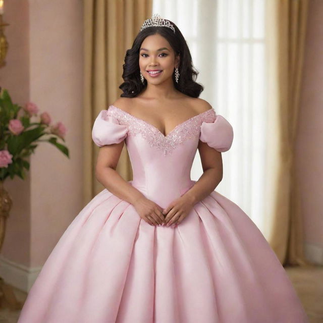 Envision a large-sized, pale Filipina with her hair down, outfitted for prom in a modernized full off-shoulder perfect pink gown with puffy sleeves. The design incorporates elements from Charlotte's pink dress from Princess and the Frog and Bridgerton fashion, featuring a corset-like top and offers ample coverage at the bust.