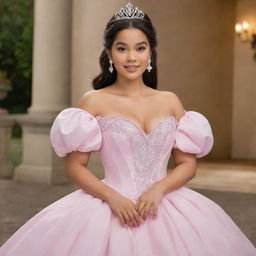 Envision a large-sized, pale Filipina with her hair down, outfitted for prom in a modernized full off-shoulder perfect pink gown with puffy sleeves. The design incorporates elements from Charlotte's pink dress from Princess and the Frog and Bridgerton fashion, featuring a corset-like top and offers ample coverage at the bust.