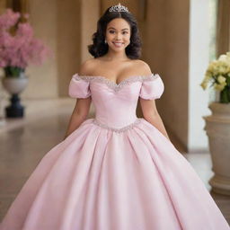 Envision a large-sized, pale Filipina with her hair down, outfitted for prom in a modernized full off-shoulder perfect pink gown with puffy sleeves. The design incorporates elements from Charlotte's pink dress from Princess and the Frog and Bridgerton fashion, featuring a corset-like top and offers ample coverage at the bust.