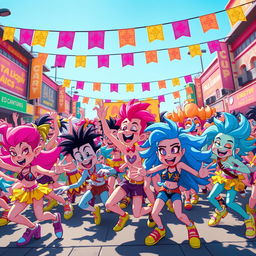 A vibrant, energetic scene featuring a large group of cartoonish characters engaged in a dance battle reminiscent of a lively urban festival