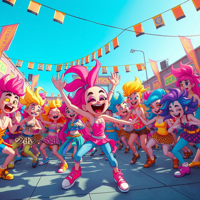 A vibrant, energetic scene featuring a large group of cartoonish characters engaged in a dance battle reminiscent of a lively urban festival