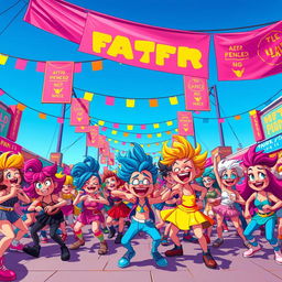 A vibrant, energetic scene featuring a large group of cartoonish characters engaged in a dance battle reminiscent of a lively urban festival