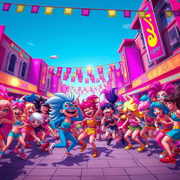 A vibrant, energetic scene featuring a large group of cartoonish characters engaged in a dance battle reminiscent of a lively urban festival
