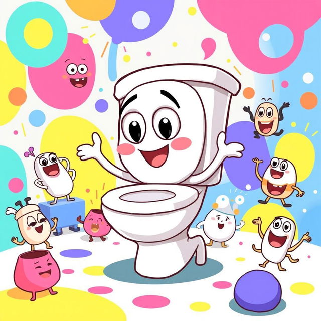 A whimsical and humorous cartoon scene featuring the 'Skibidi Toilet' character, depicted as a playful anthropomorphic toilet with big googly eyes and a cheerful expression