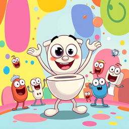 A whimsical and humorous cartoon scene featuring the 'Skibidi Toilet' character, depicted as a playful anthropomorphic toilet with big googly eyes and a cheerful expression