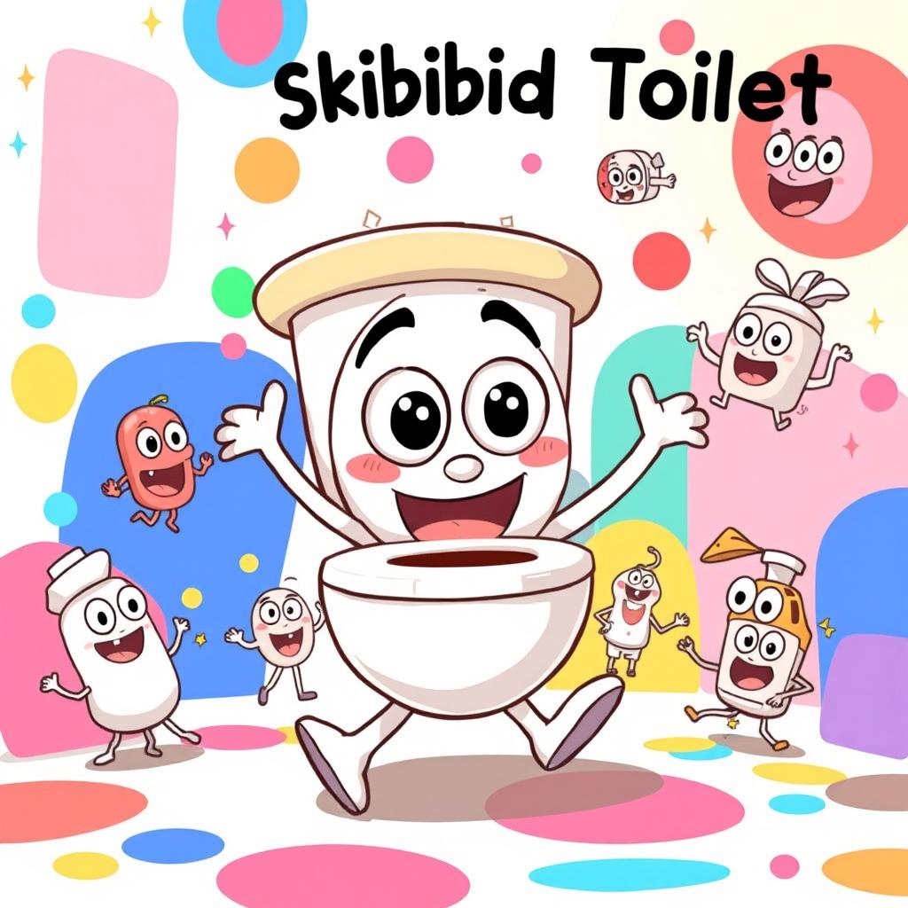 A whimsical and humorous cartoon scene featuring the 'Skibidi Toilet' character, depicted as a playful anthropomorphic toilet with big googly eyes and a cheerful expression