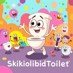 A whimsical and humorous cartoon scene featuring the 'Skibidi Toilet' character, depicted as a playful anthropomorphic toilet with big googly eyes and a cheerful expression