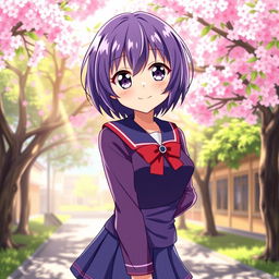 Anime girl with short purple hair, wearing a stylish blue and red school uniform