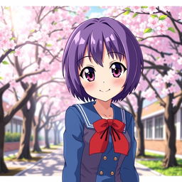 Anime girl with short purple hair, wearing a stylish blue and red school uniform