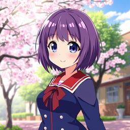 Anime girl with short purple hair, wearing a stylish blue and red school uniform