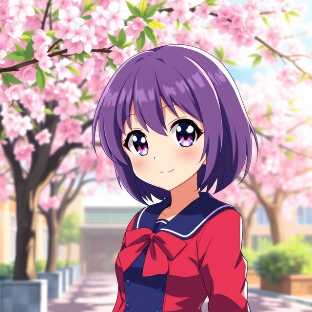 Anime girl with short purple hair, wearing a stylish blue and red school uniform