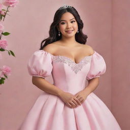 Picture a large-sized, pale Filipina with her hair down, ready for prom in a modern full off-shoulder perfect pink gown with puffy sleeves. The dress borrows from Charlotte's pink dress from Princess and the Frog and Bridgerton's style, features a corset-like top, providing full coverage without revealing any cleavage.