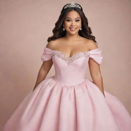 Picture a large-sized, pale Filipina with her hair down, ready for prom in a modern full off-shoulder perfect pink gown with puffy sleeves. The dress borrows from Charlotte's pink dress from Princess and the Frog and Bridgerton's style, features a corset-like top, providing full coverage without revealing any cleavage.