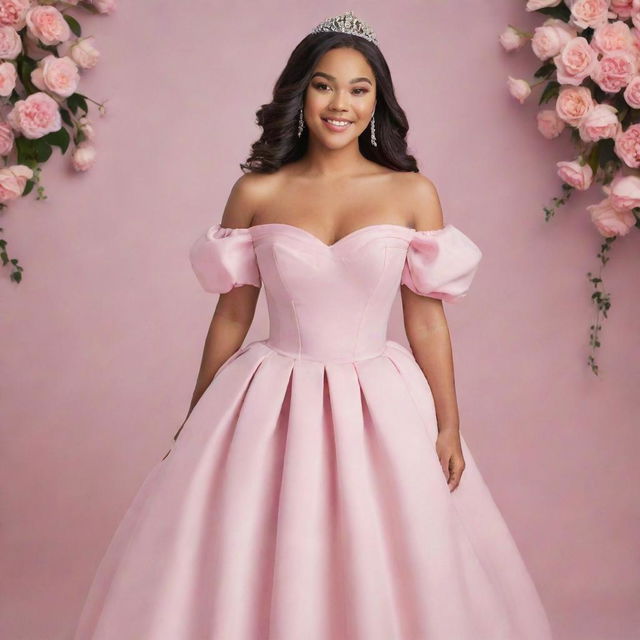 Picture a large-sized, pale Filipina with her hair down, ready for prom in a modern full off-shoulder perfect pink gown with puffy sleeves. The dress borrows from Charlotte's pink dress from Princess and the Frog and Bridgerton's style, features a corset-like top, providing full coverage without revealing any cleavage.