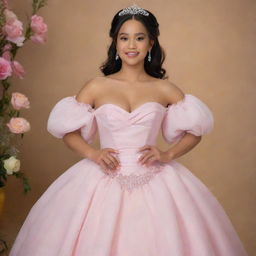 Picture a large-sized, pale Filipina with her hair down, ready for prom in a modern full off-shoulder perfect pink gown with puffy sleeves. The dress borrows from Charlotte's pink dress from Princess and the Frog and Bridgerton's style, features a corset-like top, providing full coverage without revealing any cleavage.