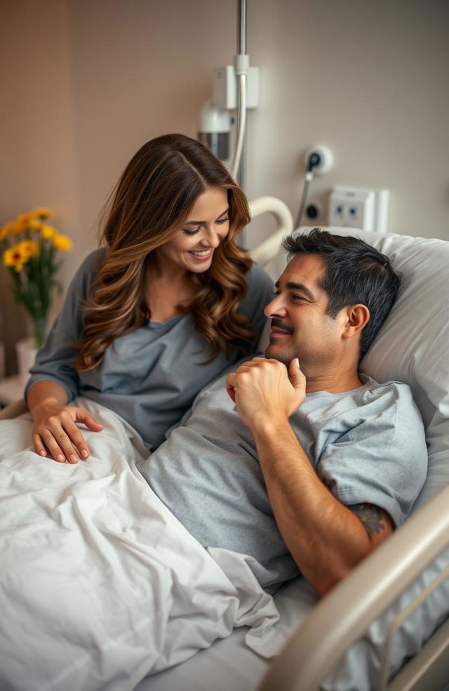 A tender scene in a hospital room featuring a man lying in a hospital bed, looking relieved and calm