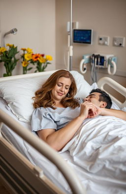 A tender scene in a hospital room featuring a man lying in a hospital bed, looking relieved and calm