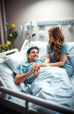 A tender scene in a hospital room featuring a man lying in a hospital bed, looking relieved and calm