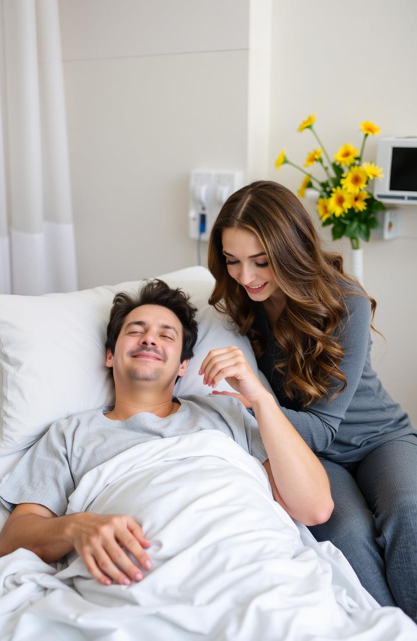 A tender scene in a hospital room featuring a man lying in a hospital bed, looking relieved and calm