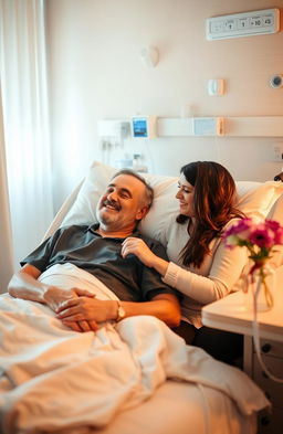 A heartfelt scene of a man in a hospital bed, surrounded by warm, soft lighting