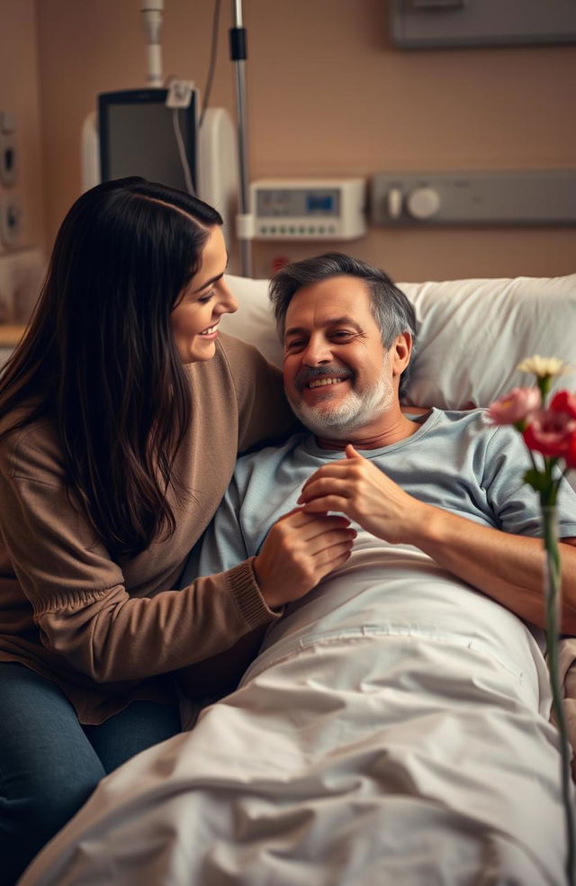 A heartfelt scene of a man in a hospital bed, surrounded by warm, soft lighting