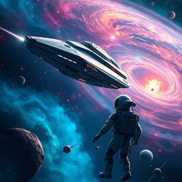 A stunning space exploration scene for a sci-fi book cover, featuring a majestic spaceship soaring through a vibrant galaxy filled with swirling nebulae, distant stars, and colorful planets