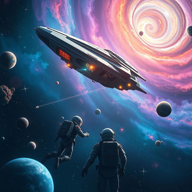 A stunning space exploration scene for a sci-fi book cover, featuring a majestic spaceship soaring through a vibrant galaxy filled with swirling nebulae, distant stars, and colorful planets