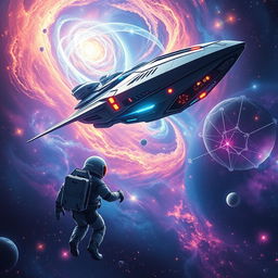 A stunning space exploration scene for a sci-fi book cover, featuring a majestic spaceship soaring through a vibrant galaxy filled with swirling nebulae, distant stars, and colorful planets