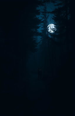 A dark, moonlit path cutting through a dense, heavily wooded area