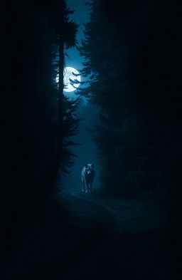 A dark, moonlit path cutting through a dense, heavily wooded area