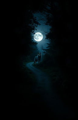 A scenic path winding through a dense, heavily wooded area under a full moon