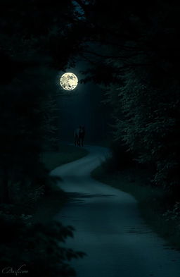 A scenic path winding through a dense, heavily wooded area under a full moon