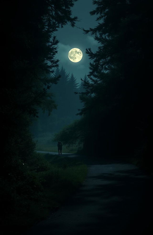 A scenic path winding through a dense, heavily wooded area under a full moon