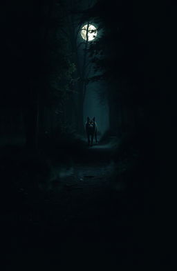 A dimly lit wooded path cutting through a dense forest, illuminated by the soft glow of a full moon casting shadows on the ground