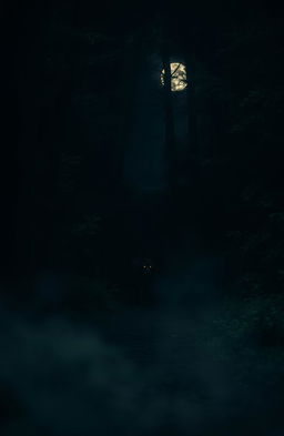 A dimly lit wooded path cutting through a dense forest, illuminated by the soft glow of a full moon casting shadows on the ground