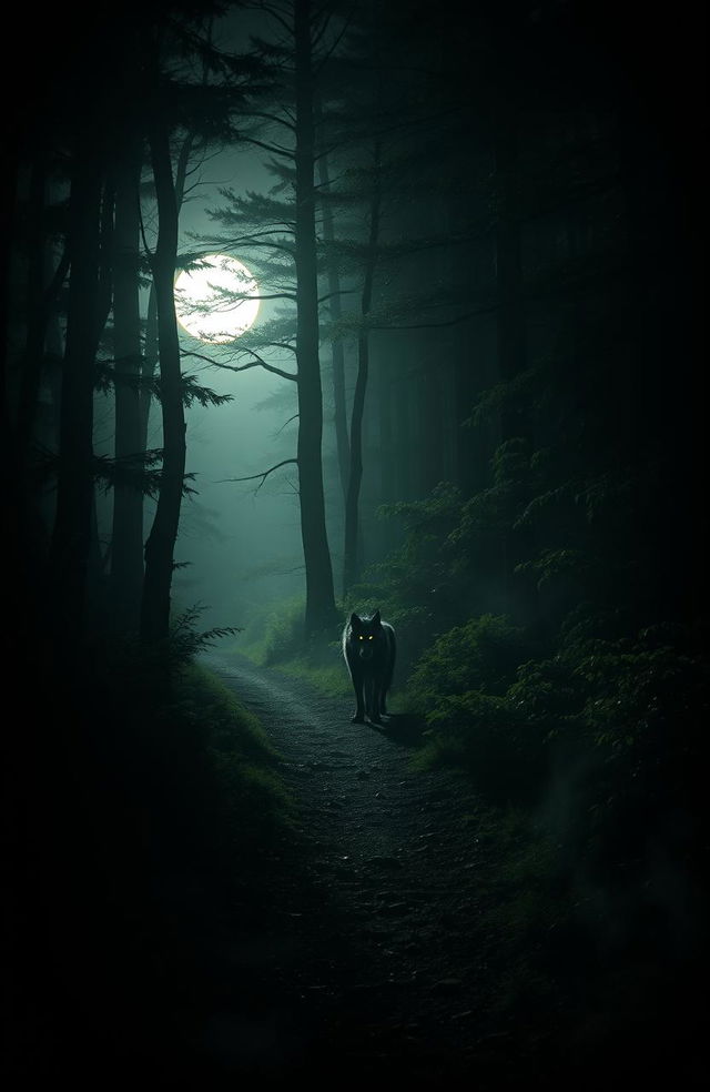 A dimly lit wooded path cutting through a dense forest, illuminated by the soft glow of a full moon casting shadows on the ground