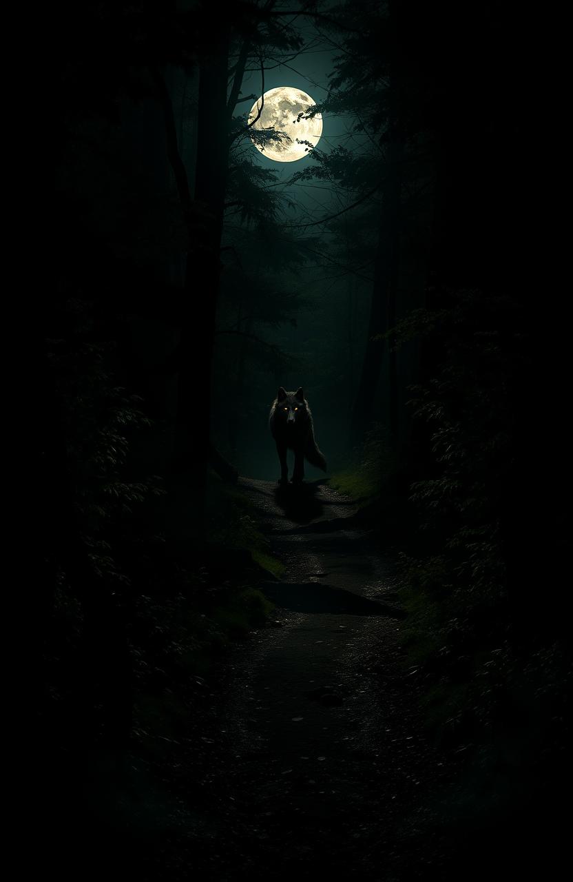 A dimly lit wooded path cutting through a dense forest, illuminated by the soft glow of a full moon casting shadows on the ground