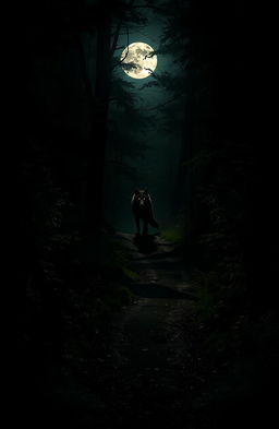 A dimly lit wooded path cutting through a dense forest, illuminated by the soft glow of a full moon casting shadows on the ground