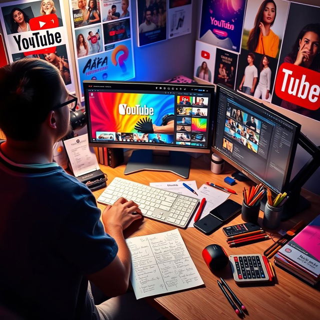 A visually engaging and informative scene depicting a digital workspace, where a creative person creates YouTube thumbnails