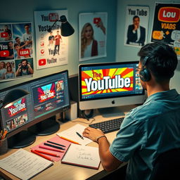 A visually engaging and informative scene depicting a digital workspace, where a creative person creates YouTube thumbnails