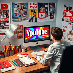 A visually engaging and informative scene depicting a digital workspace, where a creative person creates YouTube thumbnails