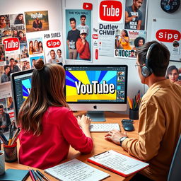 A visually engaging and informative scene depicting a digital workspace, where a creative person creates YouTube thumbnails