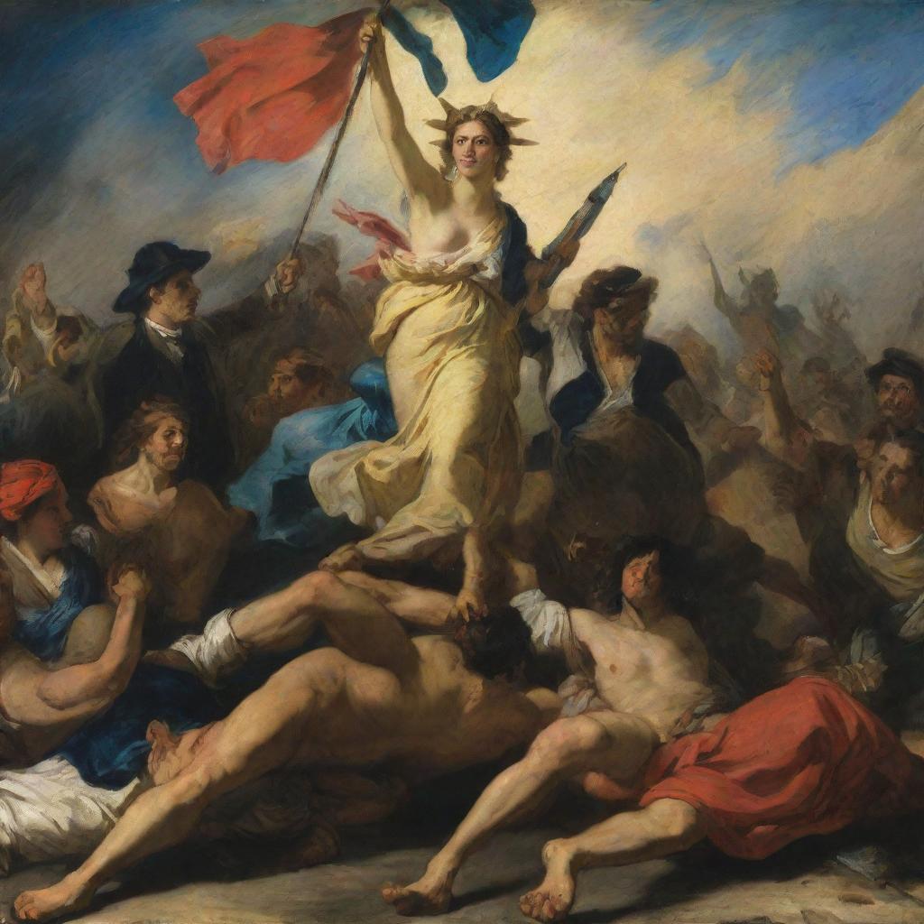 A Delacroix-style painting of 'Liberty Leading the People', capturing the vibrant movement, vivid colors, and emotional intensity that characterizes the surge of freedom.